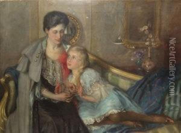 Portrait Of A Mother And Her Daughter Seated In An Interior Oil Painting - John William Schofield