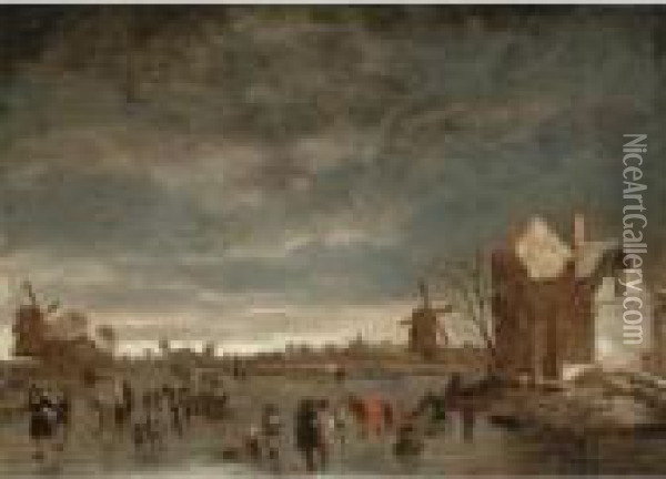 A Winter Landscape With Skaters On A Frozen Lake Oil Painting - Hendrick Dubbels