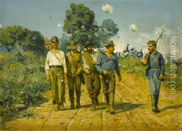 Soldiers Marching On Rutted Lane Oil Painting - Gilbert Gaul