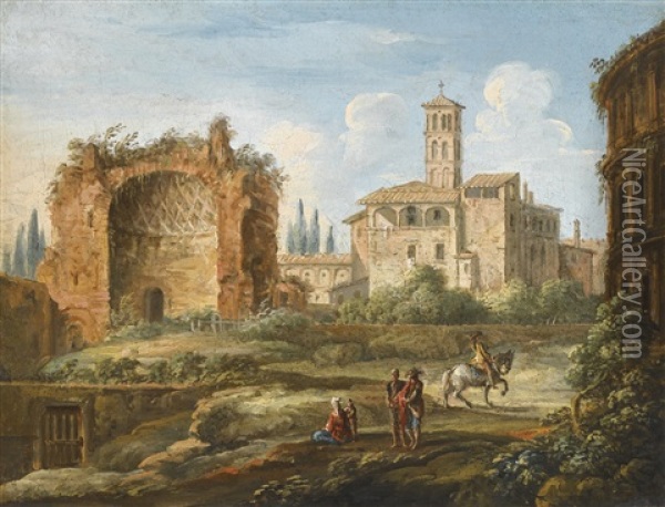 Vue Partielle Du Colisee Et La Basilique De Sainte Francoise Romaine Oil Painting - Giovanni Battista Busiri