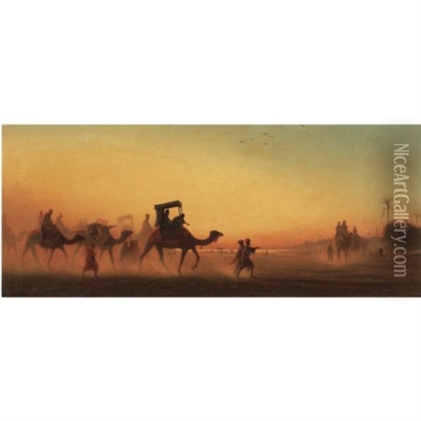 Caravane Au Coucher Du Soleil Oil Painting - Charles Theodore (Frere Bey) Frere