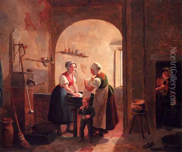 Washerwomen In A Sunlit Basement With A Young Boy Blowing Bubbles Oil Painting - Constantin Fidele Coene