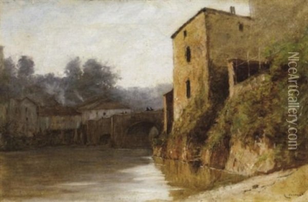 Steinbrucke Und Hauser Am Fluss Oil Painting - Gustave Eugene Castan