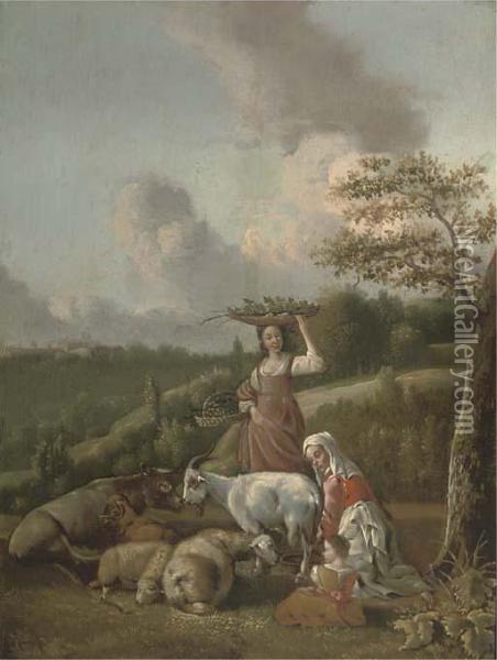 A Mother And Child Milking A Goat Oil Painting - Hendrick Mommers