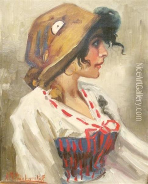 Gypsy Woman In Profile Oil Painting - Alexis Matthew Podchernikoff