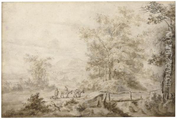 An Extensive Landscape With A Peasant Family Crossing Abridge Oil Painting - Jan Both