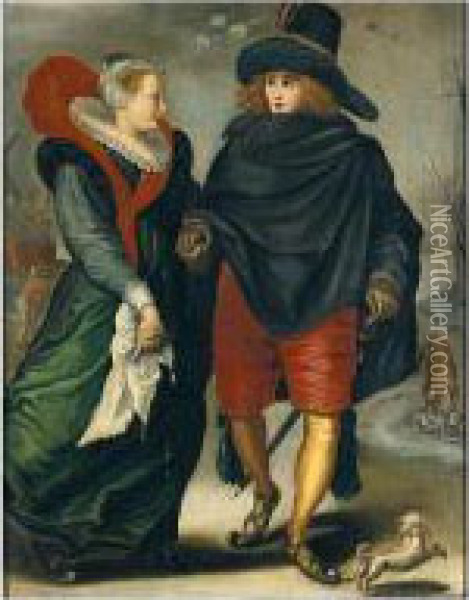 A Lady And A Gentleman Skating In A Winter Landscape Oil Painting - Adriaen Van Der Kabel