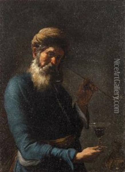 Uomo Con Pipa E Bicchiere Oil Painting - Gregorio Preti