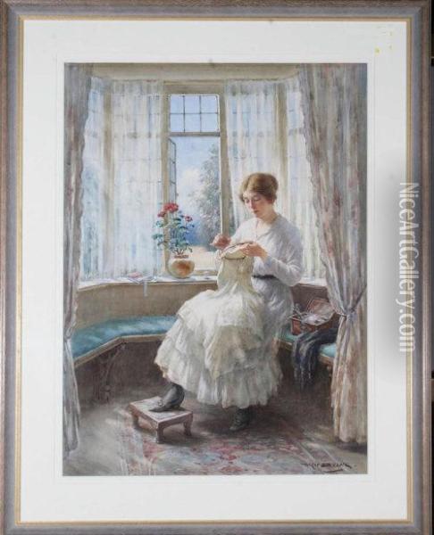 The Artist's Wife Seated In A Bay Window Sewing Oil Painting - William Kay Blacklock