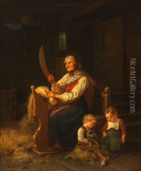 The Wool Cutter, Interior Scene With Children And An Old Lady Oil Painting - Bengt Nordenberg