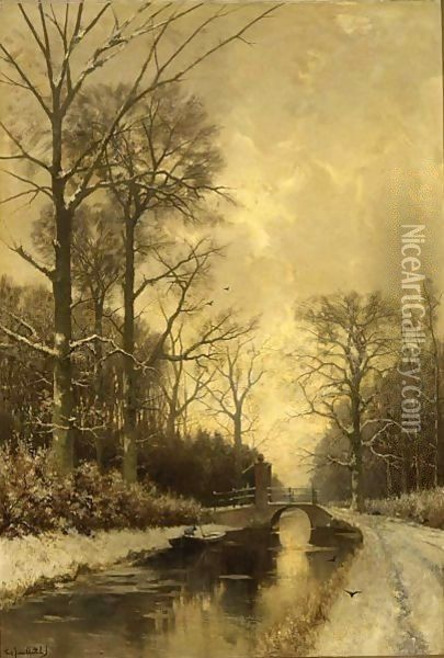 A Rowing Boat On A Canal In Winter Oil Painting - Fredericus Jacobus Van Rossum Chattel