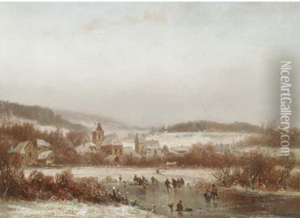 A Dutch Winter Skating View Oil Painting - Adolf Stademann