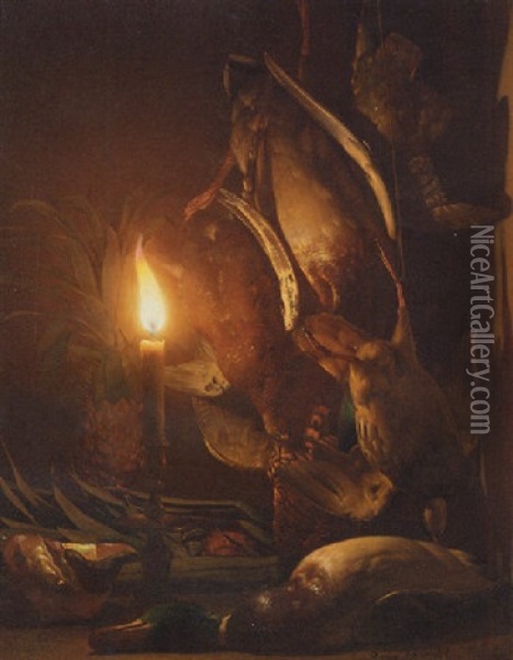 Game With A Pineapple In A Candle-lit Larder Oil Painting - Petrus van Schendel