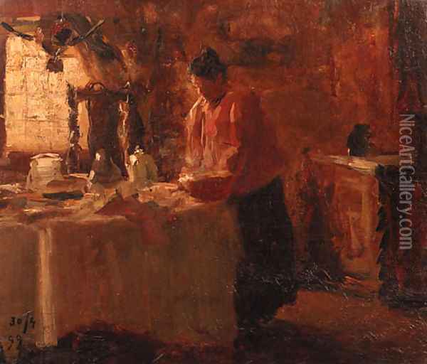 Woman in a Dutch interior setting the table Oil Painting - Evert Pieters