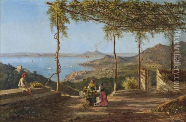 Grape Pickers Above Sorrento, Vesuvius Beyond Oil Painting - Achille Solari
