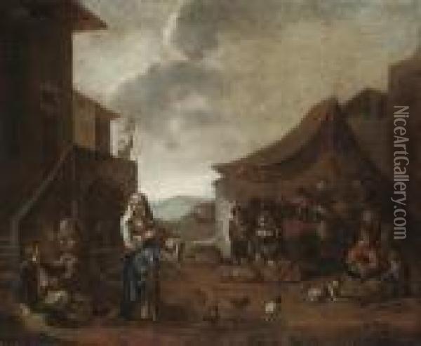 Peasants In A Village Square Oil Painting - Michelangelo Cerqouzzi