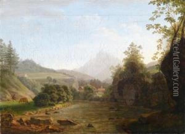Flusslandschaft Mithirten Oil Painting - Johann Georg Schedler