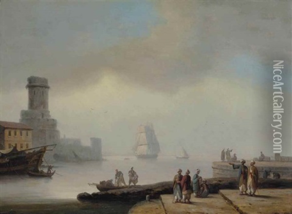 A Peaceful Day In An Eastern Harbour Oil Painting - Thomas Luny
