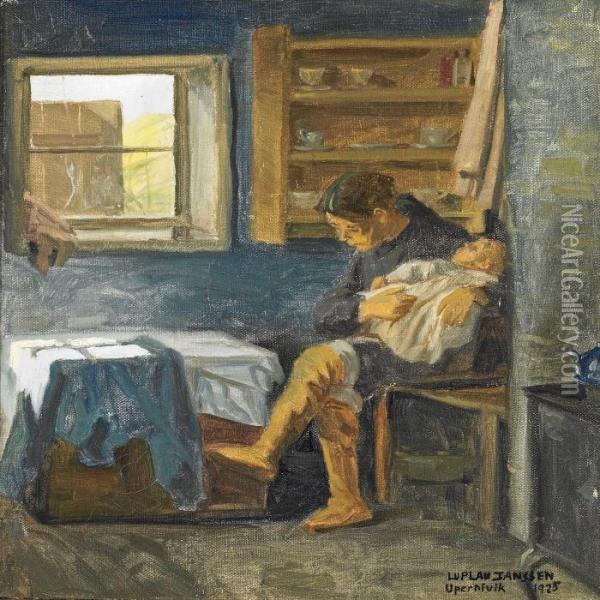 Interior From Greenland With A Seated Woman And Infant Oil Painting - Luplau Janssen