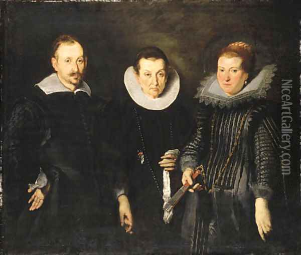 Group Portrait of Marchese Agostino di Tomaso Franzone, his wife, Camilla, nee Monsia di Bartolomeo, and their daughter, Maria Brigida Oil Painting - Bernardo Strozzi