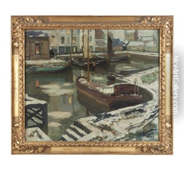Barges In A Harbor In Winter Oil Painting - Armand Adrien Marie Apol
