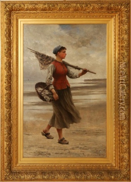 French Bretagne Fisherwoman Along The Coast Carrying A Basket Of Oysters, Holding A Net Oil Painting - August Vilhelm Nikolaus Hagborg
