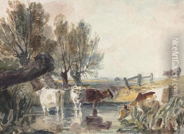 Cattle Watering At A Ford Oil Painting - Peter de Wint