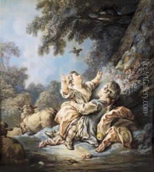 couple De Jeunes Bergers Lachant Un Oiseau Oil Painting - Jean-Baptiste Huet I