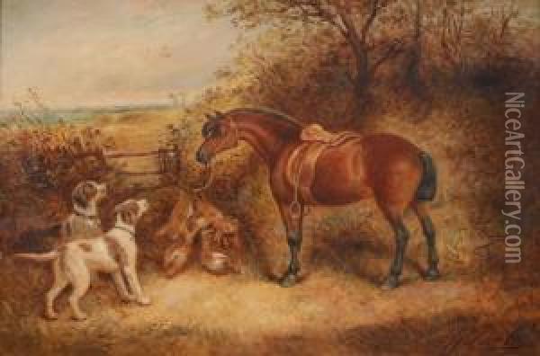 Landscape With A Grey Horse And 
Two Spaniels Waiting By A Fence And A Brace Of Hanging Pheasants Oil Painting - George Earl