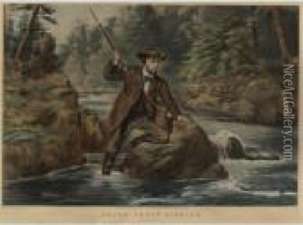 American Hunting Scenes: A Good 
Chance And Brook Trout Fishing: An Anxious Moment (gale 186 And 789) Oil Painting - Currier & Ives Publishers