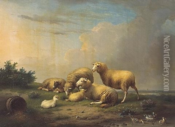 Sheep And Ducks In An Extensive Landscape Oil Painting - Francois Vandeverdonck