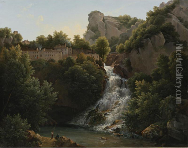 A Landscape With A Waterfall, A Mountain Village At The Edge Of The Cliff Oil Painting - Augustin Bec