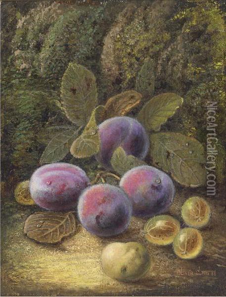 Still Life Of Plums And Gooseberries On A Mossy Bank Oil Painting - Oliver Clare