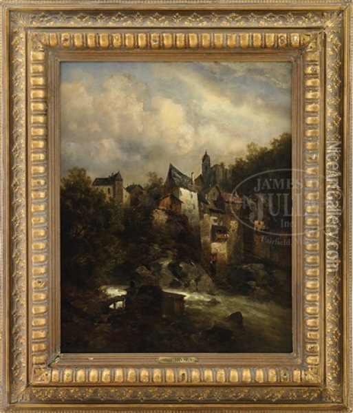 Alpine Village With Stream Oil Painting - Josef Thoma the Younger