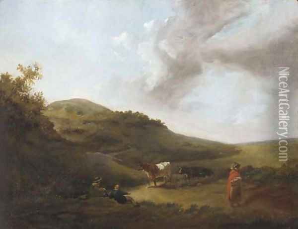 Figures and cattle on a hillside track Oil Painting - James Arthur O'Connor