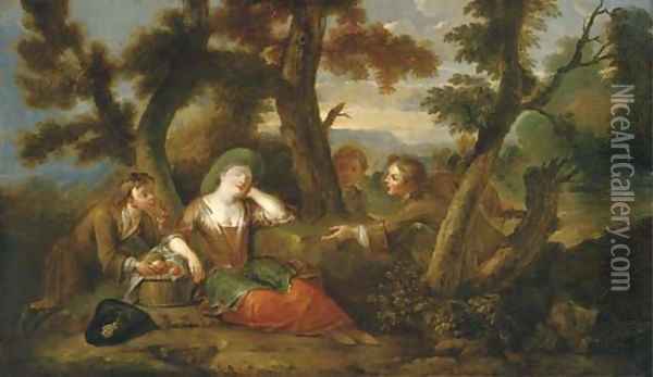 Three boys grabbing apples from a sleeping girl Oil Painting - Philippe Mercier