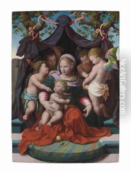 Madonna And Child With Saint John The Baptist And Angels Oil Painting - Cornelis van Cleve