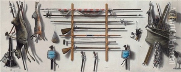 A Trompe-l'oeil Of An Arms Rack With A Leading Staff, A Partizan, A Matchlock Musket, A Longbow, A Fowling Piece With Pistols And Dead Game Oil Painting - Jacobus Biltius