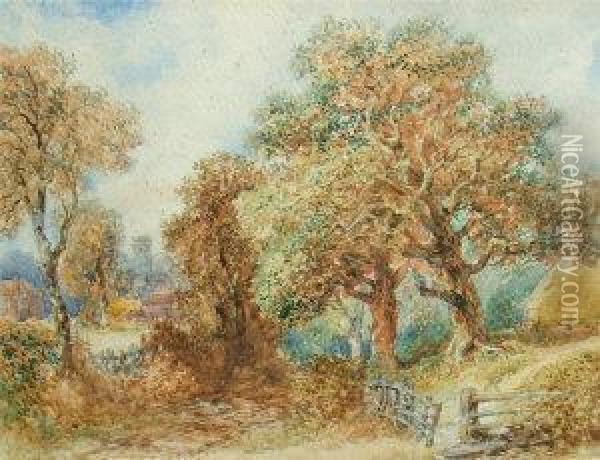 Landscape With Trees And Cathedral In The Background Oil Painting - Henry Harris Lines