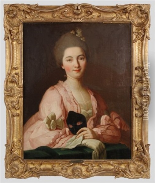 Portrait Of Marquise De Pompadour With A Masquerade Mask Oil Painting - Francois Hubert Drouais