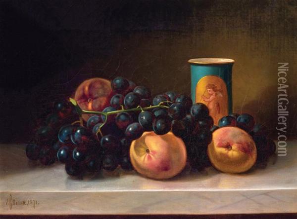 Peaches And Grapes On A Marble Tabletop Oil Painting - Edward Chalmers Leavitt