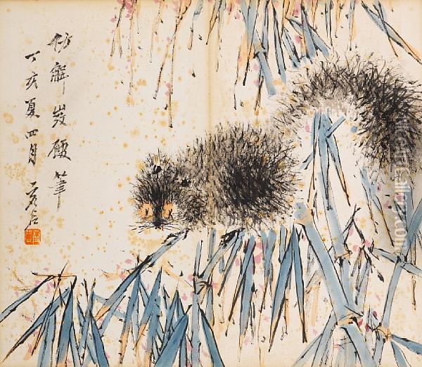 Goldfish, Squirrels And Cranes Oil Painting - Xu Gu