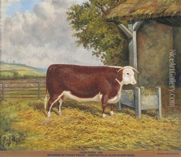 Hereford Ox (+ A Prize Bull By A Barn; 2 Works) Oil Painting - Albert Clark