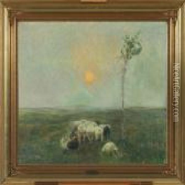 Impressionistic Scenery With A Herd Of Sheep Oil Painting - Poul Friis Nybo