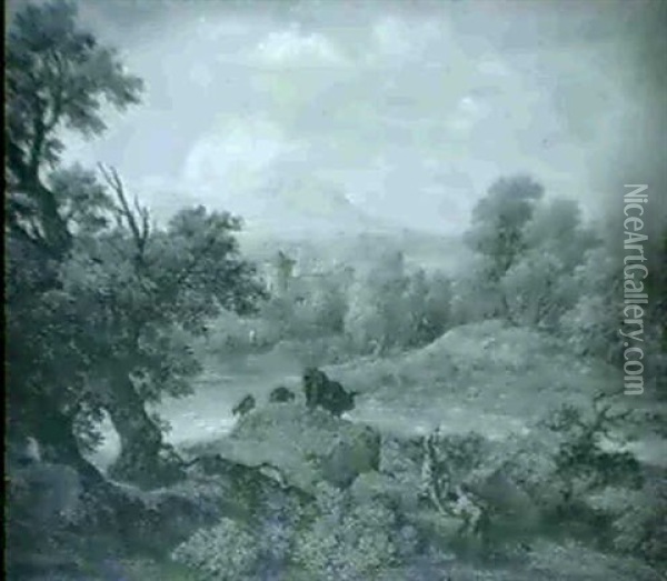 Italiserande Landskap Med Herdar Vaktande Boskap Oil Painting - Johann Samuel Hoetzendorf