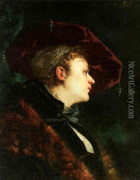 Portrait Of A Lady With Scarlet Velvet Hat Oil Painting - Leon Lucien Goupil