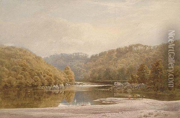 River Landscape With A Figure Near A Horse And Cart In The Foreground Oil Painting - William Hall