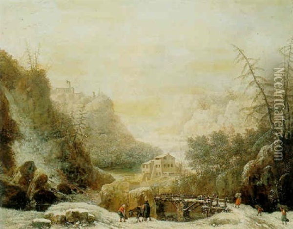 Winter Landscape With Peasants Crossing A Bridge Oil Painting - Jules Cesar Denis van Loo