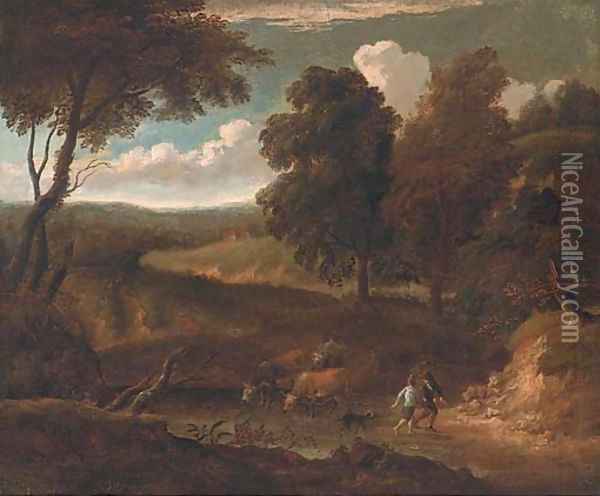 A wooded track with cattle drinking at a river and figures with a dog Oil Painting - Peter Tillemans