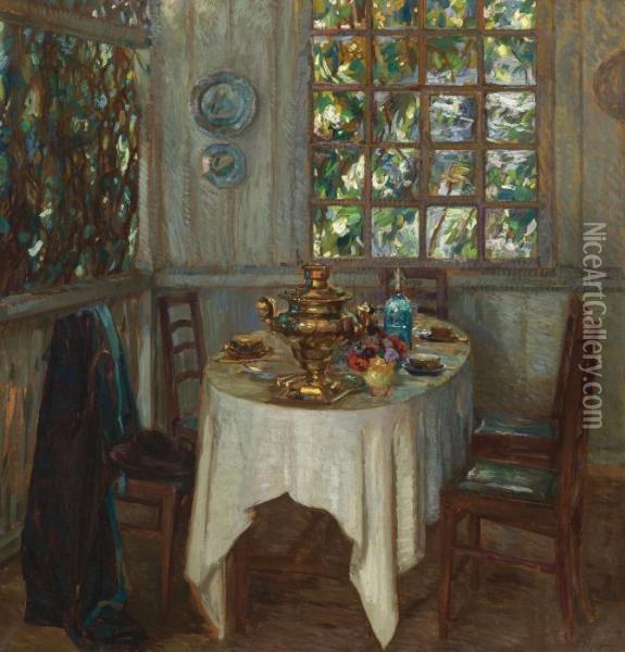 Interior With Samovar Oil Painting - Stanislaw Zukowski